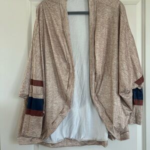 Stylish Tan Open-Front Cardigan with Striped Sleeves